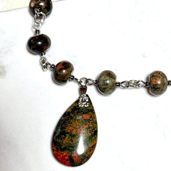 Genuine Jungle Green Unakite Necklace, Natural Gemstone Pendant Necklace - Picture 6 of 16